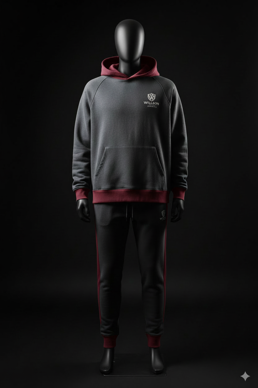 Willson Luxury Streetwear Set slate grey and burgundy with embroidered monogram